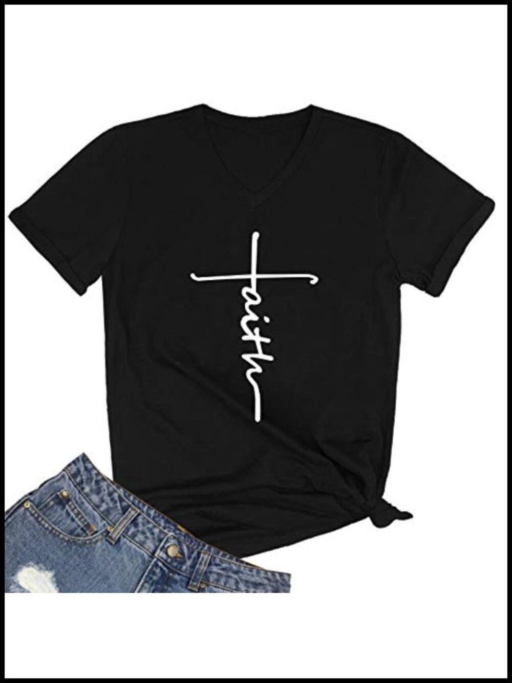 Faith Graphic V-Neck Short Sleeve Soft Cotton T-Shirt Tee Top